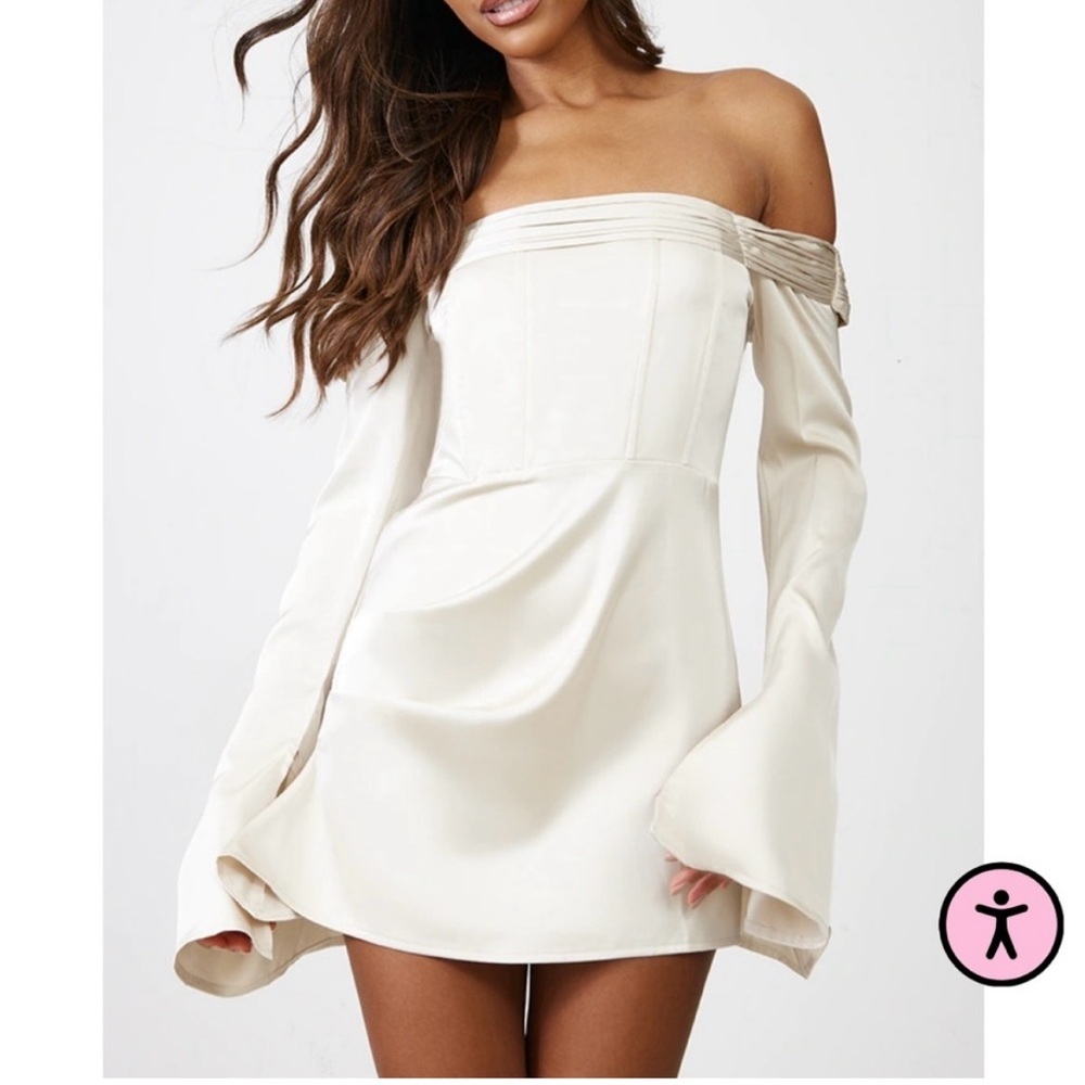 PLT| Womens Champagne Satin Pleat Detail Bardot Flared Sleeve Shift Dress NWT 4 - Picture 2 of 7